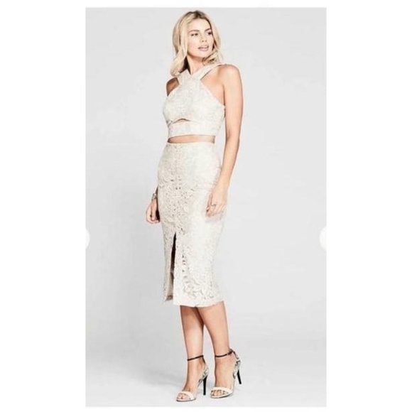 Marciano Women's Suit Set 2 Pieces Beige Embroidered Lace Skirt + Crop Top 2